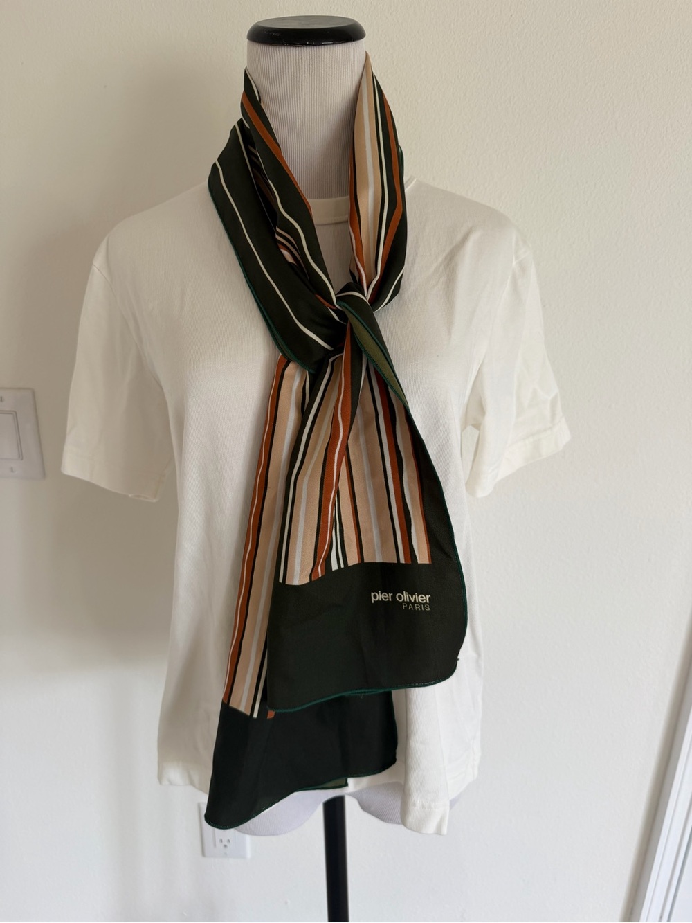 French Designer Pier Olivier Vintage Green and Brown Striped Silk Scarf